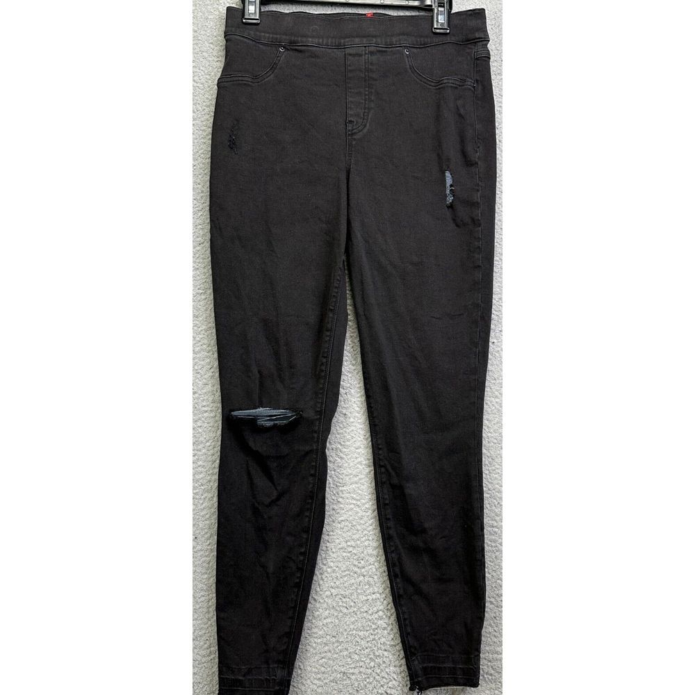 Spanx Jeans Womens Large Black Ripped Jeggings Slim Fit Skinny Leg Stretch Denim